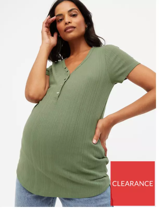 New Look Maternity Ribbed Short Sleeve Popper Tee Khaki Size UK14