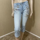 Women’s Blue Denim Cotton Casual Bead Lace Embroidered Size L(8-10) Pants Capri