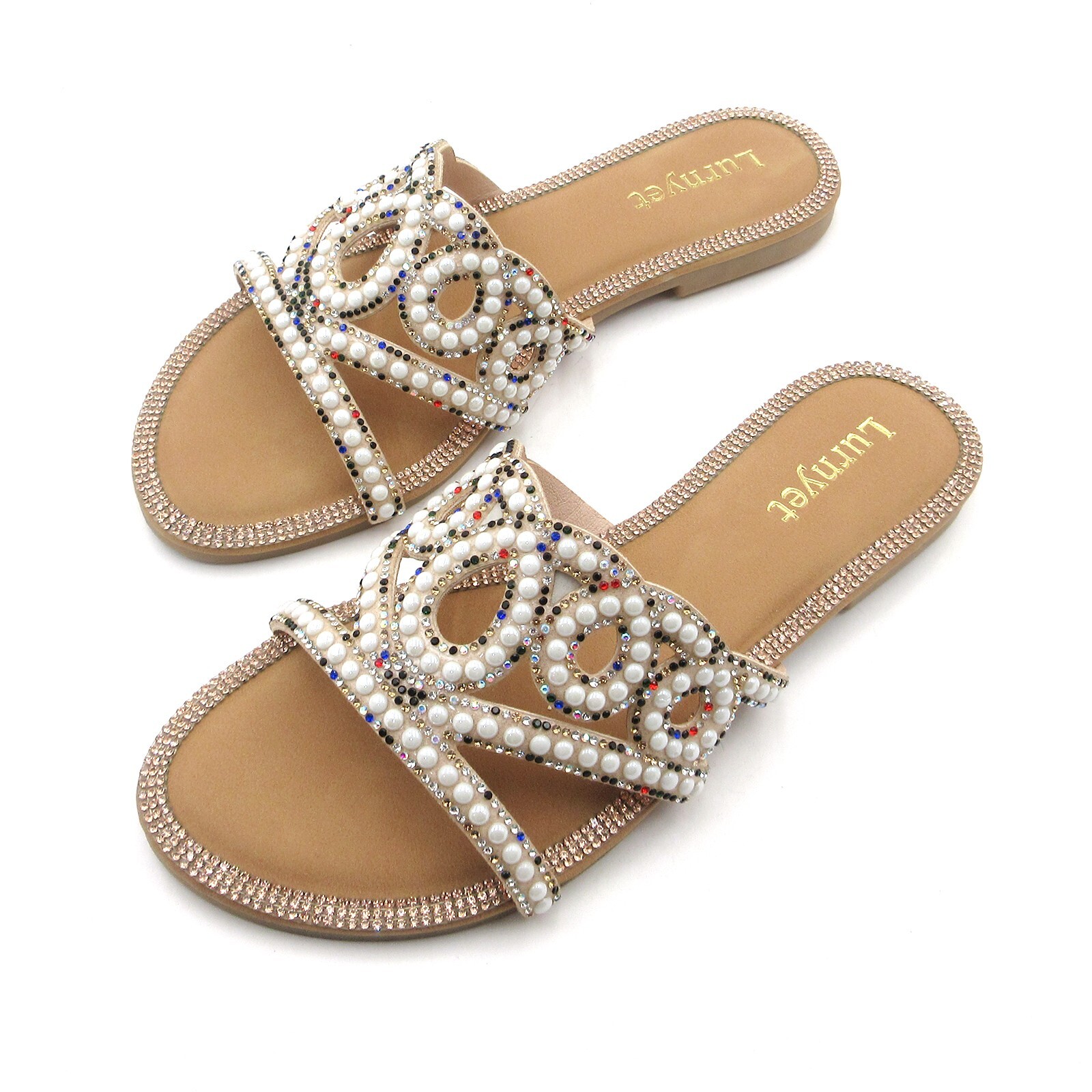 Lumyet Women's Pearl Sandals Rhinestone Embellished Slides, Flat Beach Slippers