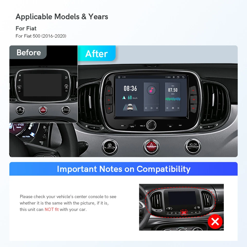 CAM+ 8-Core Android 14 64G Car Stereo GPS Radio CarPlay 4G WIFI SWC For Fiat 500 - Image 2 of 4