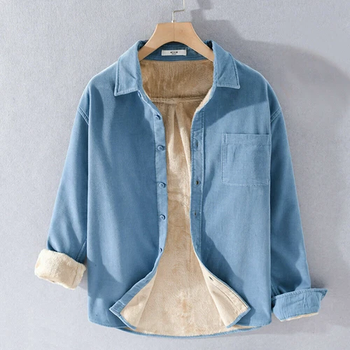 Camisa Para Hombres Pana Forrada de Vellón Manga Larga Cuello Cálido Top Blusa Bolsillo - Imagen 6 de 21