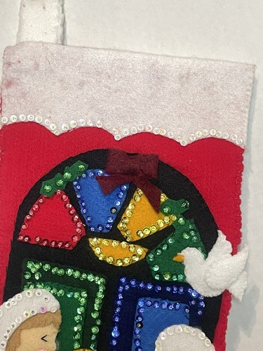 Vtg Bucilla? Finished Felt & Sequin Appliqué Nativity Scene Christmas Stocking - Picture 2 of 6
