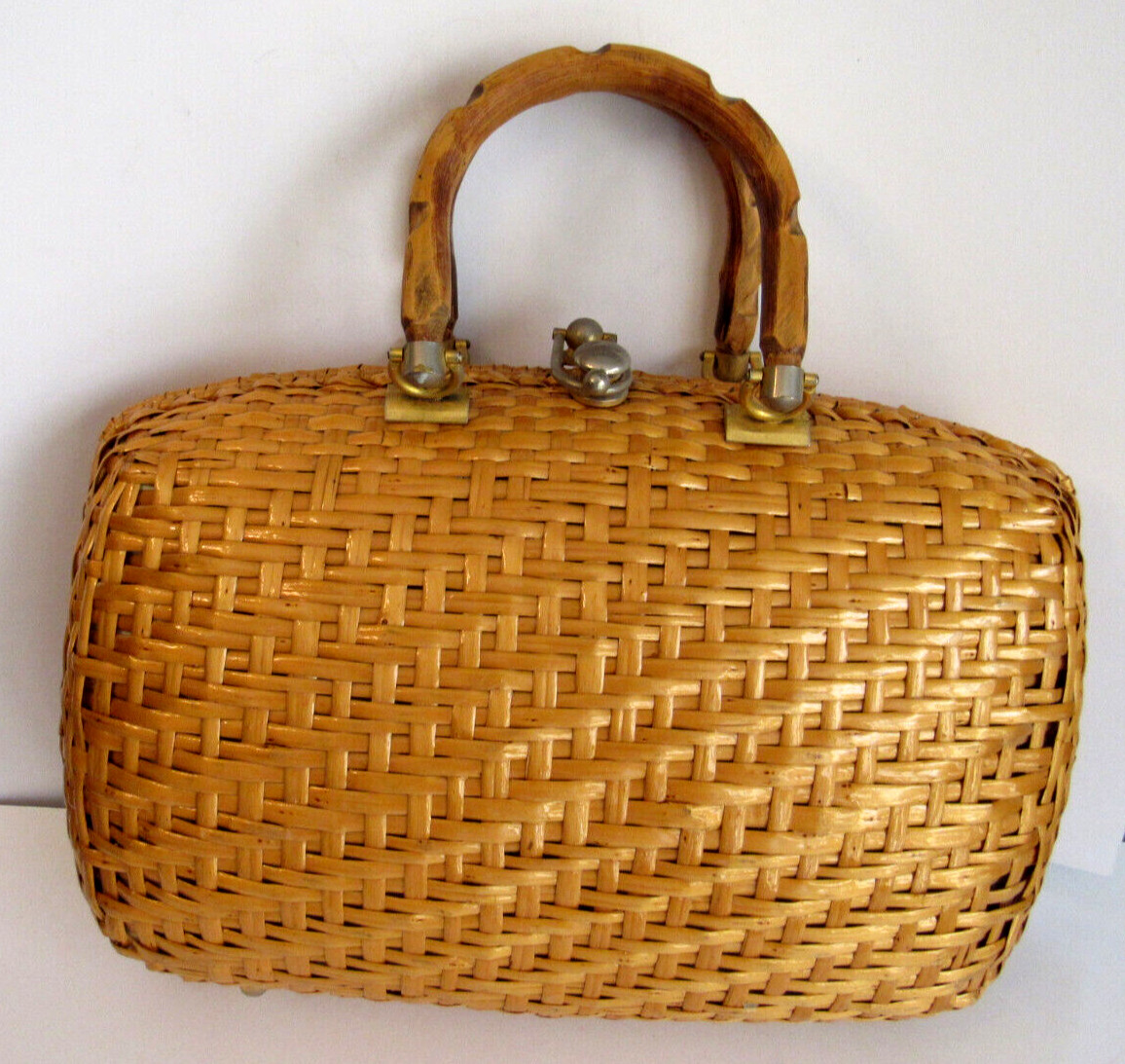 Vintage Wicker Handbag Basket Footed Purse with Wood … Gem
