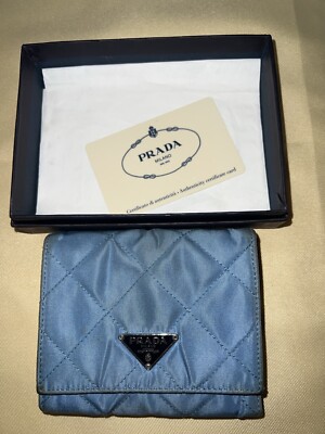 PRADA Blue Quilted Tessuto NYLON & Leather TriFold Compact WALLET Authentic CoA