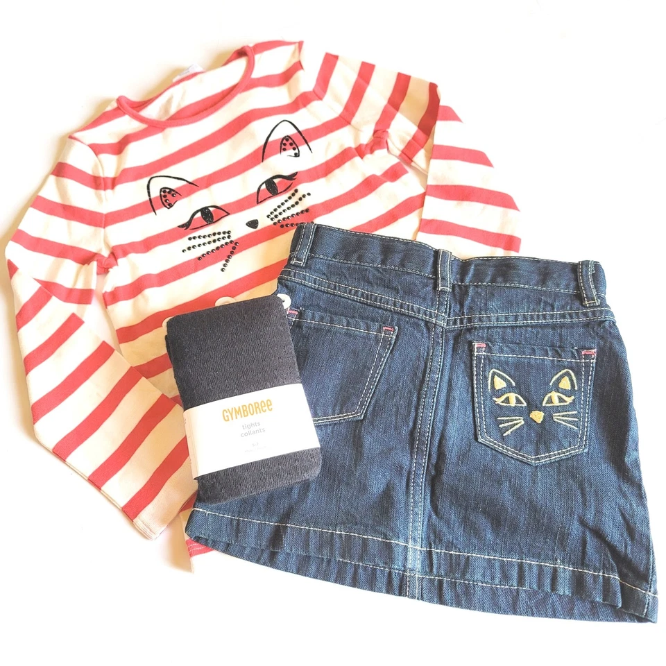 Gymboree Niñas 5 Purrfectly Fabulous Cara Rayas Camiseta Gato Skort Negro Medias Nuevas con Etiquetas Foto 2 de 4