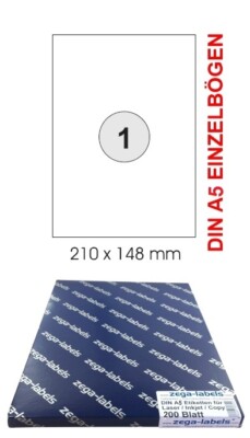 200 Etiketten 210 x 148 mm EINZELN = 200 DIN A5 Bögen (1x1 Etikett DIN A5) DHL