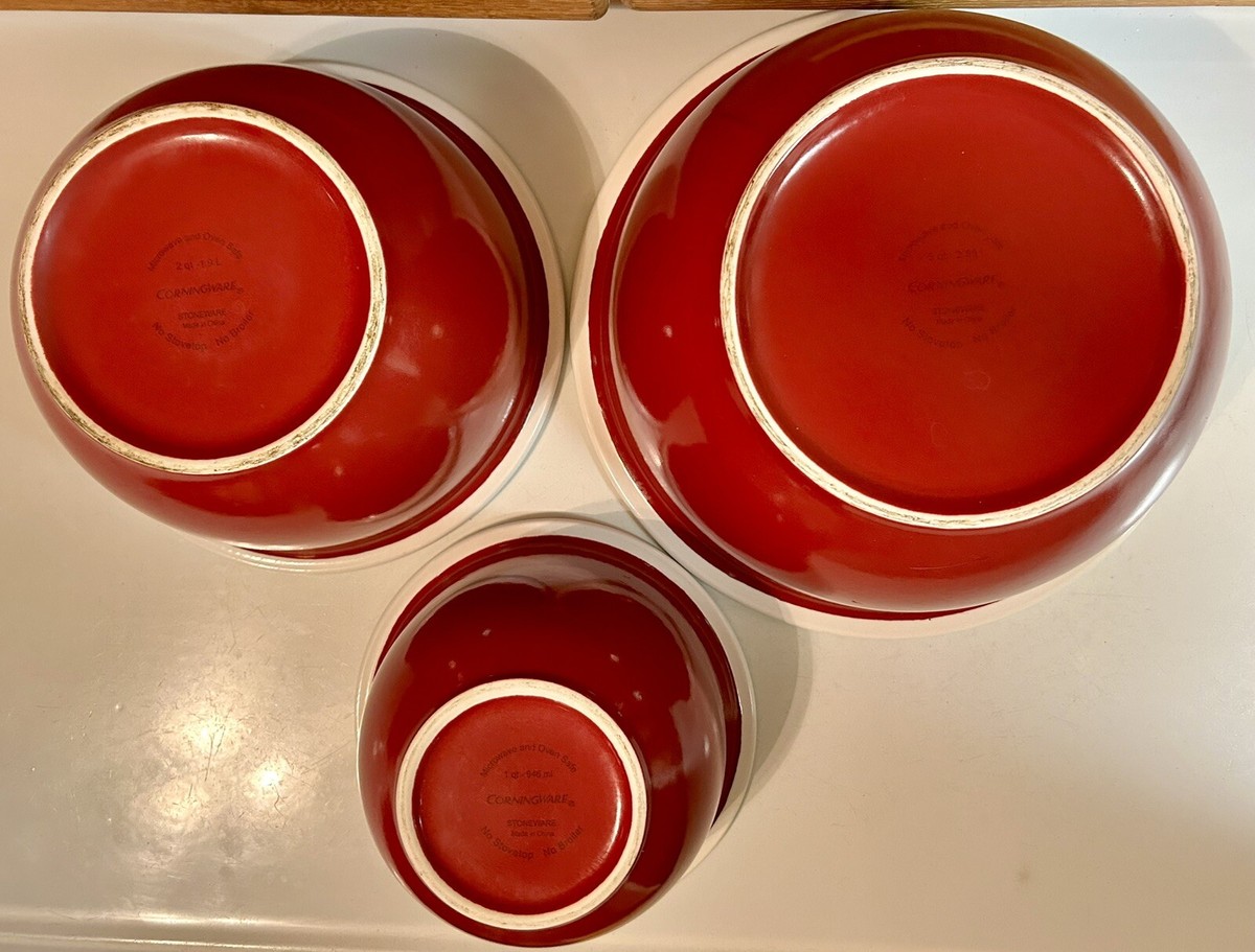 Vintage CorningWare Stoneware Nesting Mixing Bowls-Set Of 3- Red