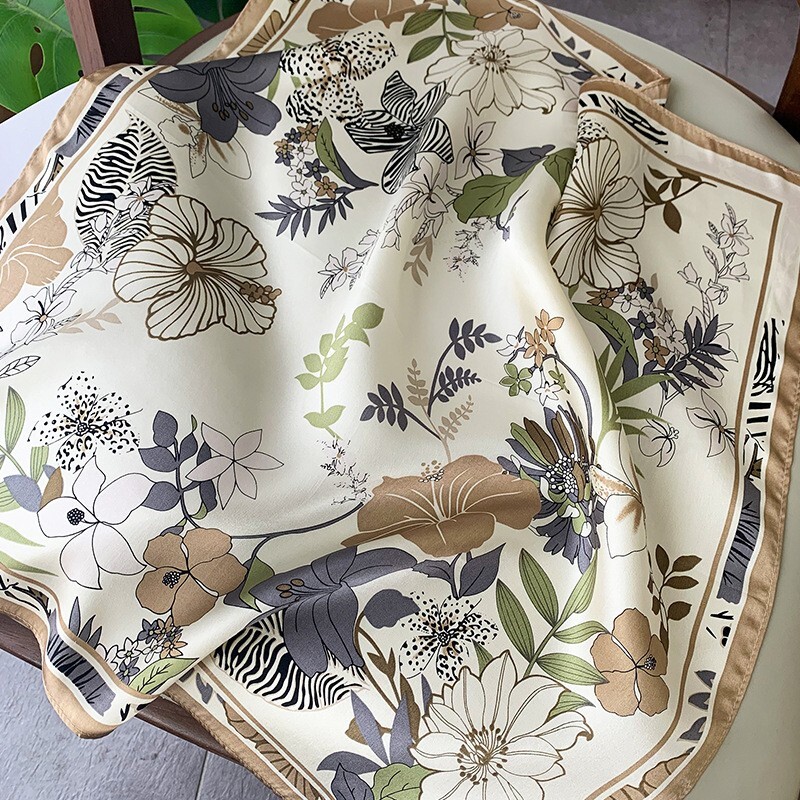 100% Silk Scarf Women Beige Flower Wrap Head Neck Hair Kerchief Headscarf 53cm