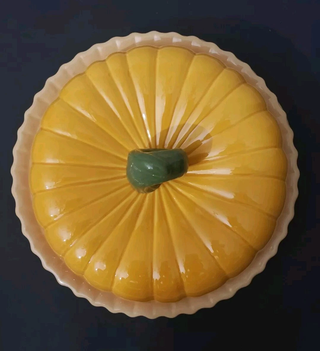 Vintage Pumpkin Pie Recipe Dish Ceramic Fall Baking Pie Plate With Lid FLAW