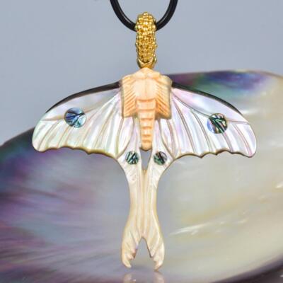 Luna Moth Butterfly Pendant Carved Shell & Gold Vermeil Sterling Silver 8.53g