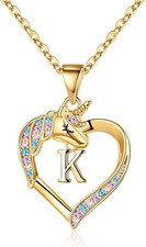 Unicorn Necklace Gifts for Girls - 14K-Gold-Plated Colorful CZ Heart Necklace Gi