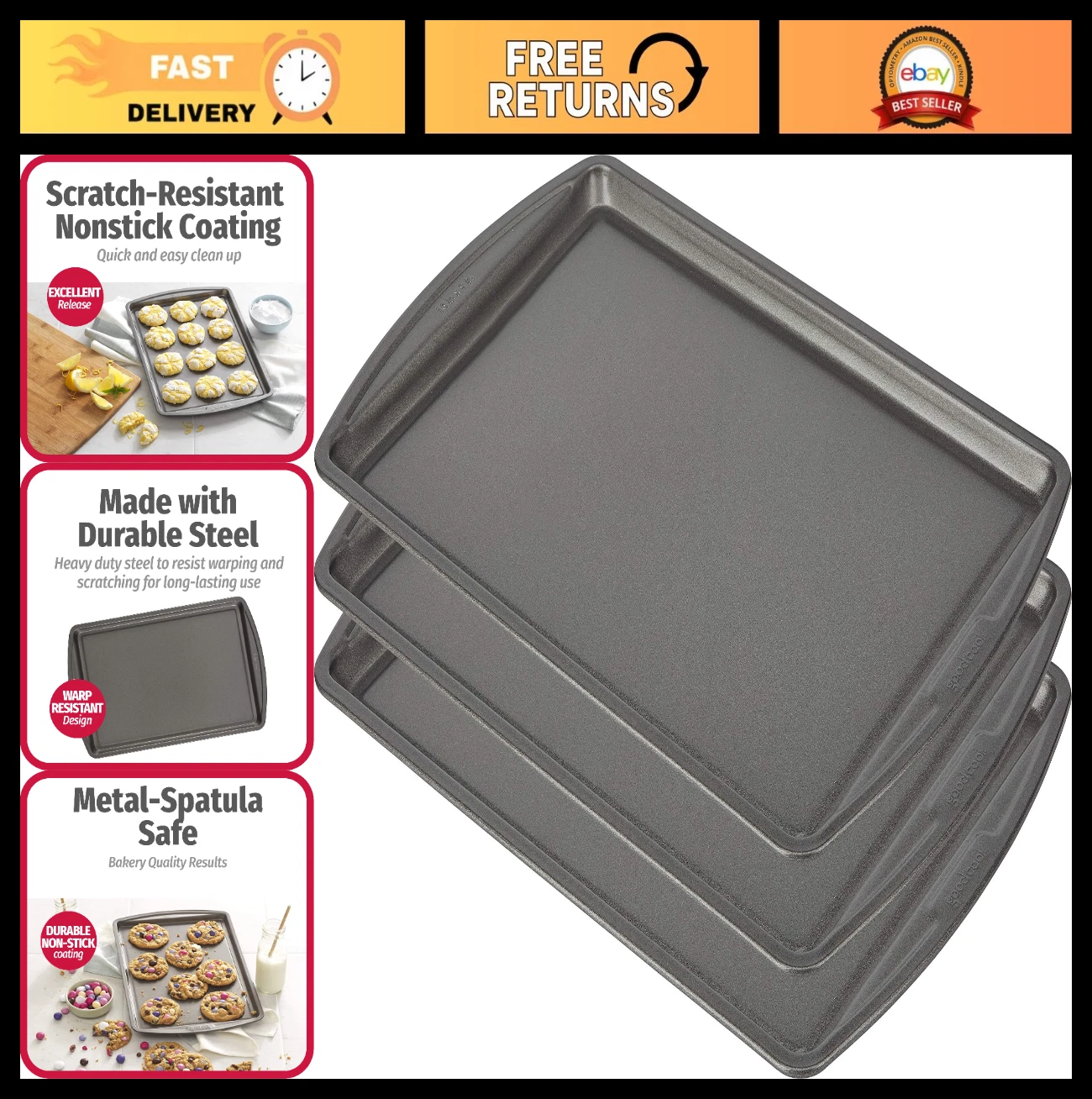 Nonstick Carbon Steel Baking Sheet Set, 3 Pack - 13"x9" Cookie Sheets & Oven Pan