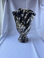 Vintage Hand Blown Art Glass Vase Poland Black Swirl 14  Heavy