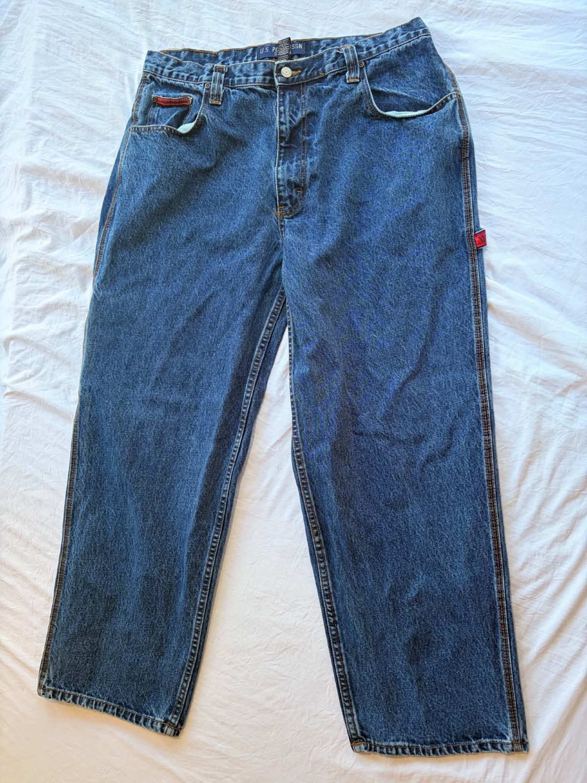 Vtg US Polo ASSN Jeans Mens 38x30 Blue Baggy Wide Leg Carpenter Embroidered Y2K