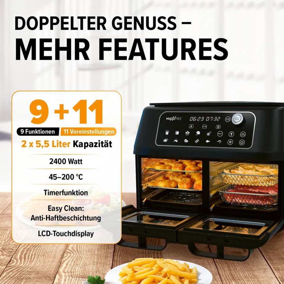 MAXXMEE Heißluftfritteuse XXL Doppelkorb Doppelkammer Dual Zone Airfryer 2x 5,5L - Bild 4 von 4