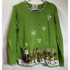 Quacker Factory Women’s M Christmas Sweater Green Santa Reindeer Embroidered 