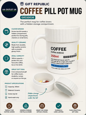 Gift Republic GR330036 Auslaufsicher Kaffee Pillenkanne Becher Porzellan 350ml Neu