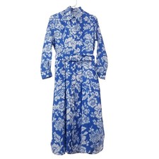 ZARA Blue White sz XS Collared Button Front Shirt Midi Dress Belted Long Sleeves