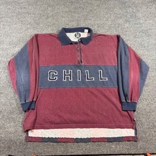 Vintage Chill Shirt Men's S Rugby Polo Maroon Blue Striped Long Sleeve Cotton