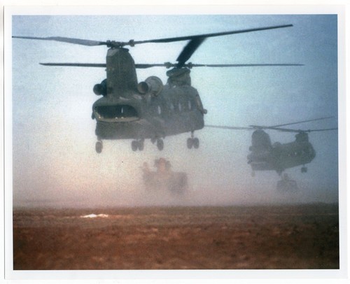 1991 Desert Shield Army CH-47 Chinook Helicopters Take Off on Mission 8x10 Photo