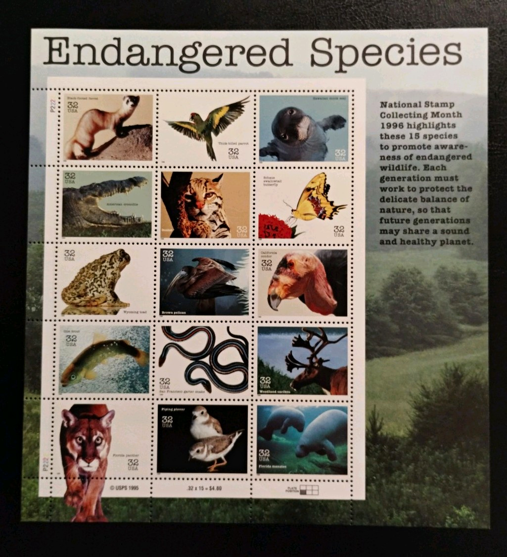 USPS Endangered Species 32¢ Stamp Sheet/Pane, 1996 USA, Multicolor, MNH
