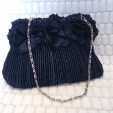 Navy Blue Purse Fabric Evening Handbag Stain Pleats and Flowers Vintage Clutch