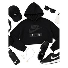 Nike Air Cropped Fleece Hoodie Black Women's Medium Oversized Athleisure EUC