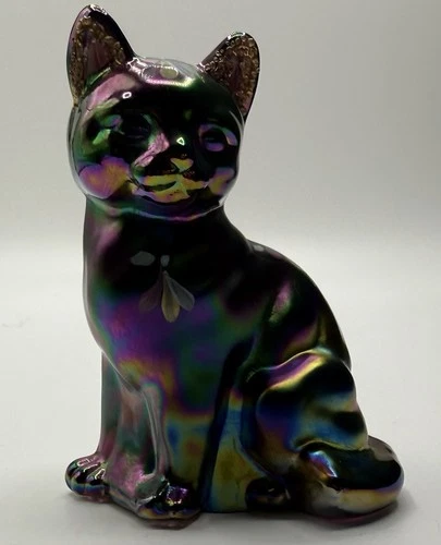 Fenton Carnival Glass Cat Figurine - Iridescent - Hand Painted Artist Signed