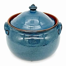 VTG Jugtown Ware Art Pottery Round Blue Bean Pot W/ Lid North Carolina 1984