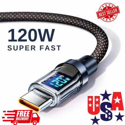 100W USB C Fast Charging Cable LED Display Type C Charger Cord PD QC