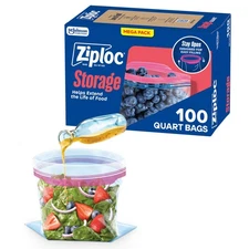 Ziploc Quart Food Storage Bags, Stay Open Design with Stand-Up Bottom, Easy t...