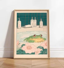 Frog in Bathtub Art Print: Japandi Bathroom Wall Decor Poster