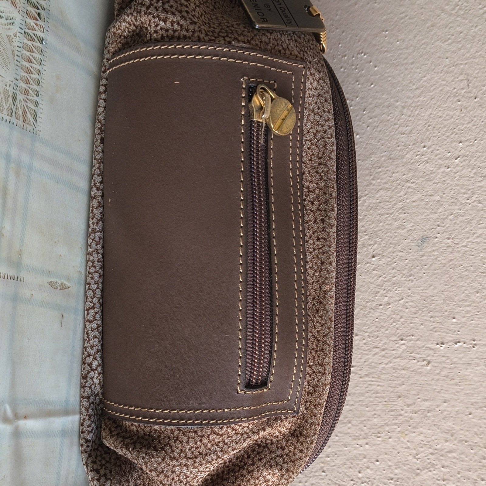 Borbonese marsupio donna medio marrone pelle/tessuto fantasia con zip