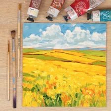 Original 8x8" Oil Painting – Vibrant Yellow Field Landscape – Impressionist Art
