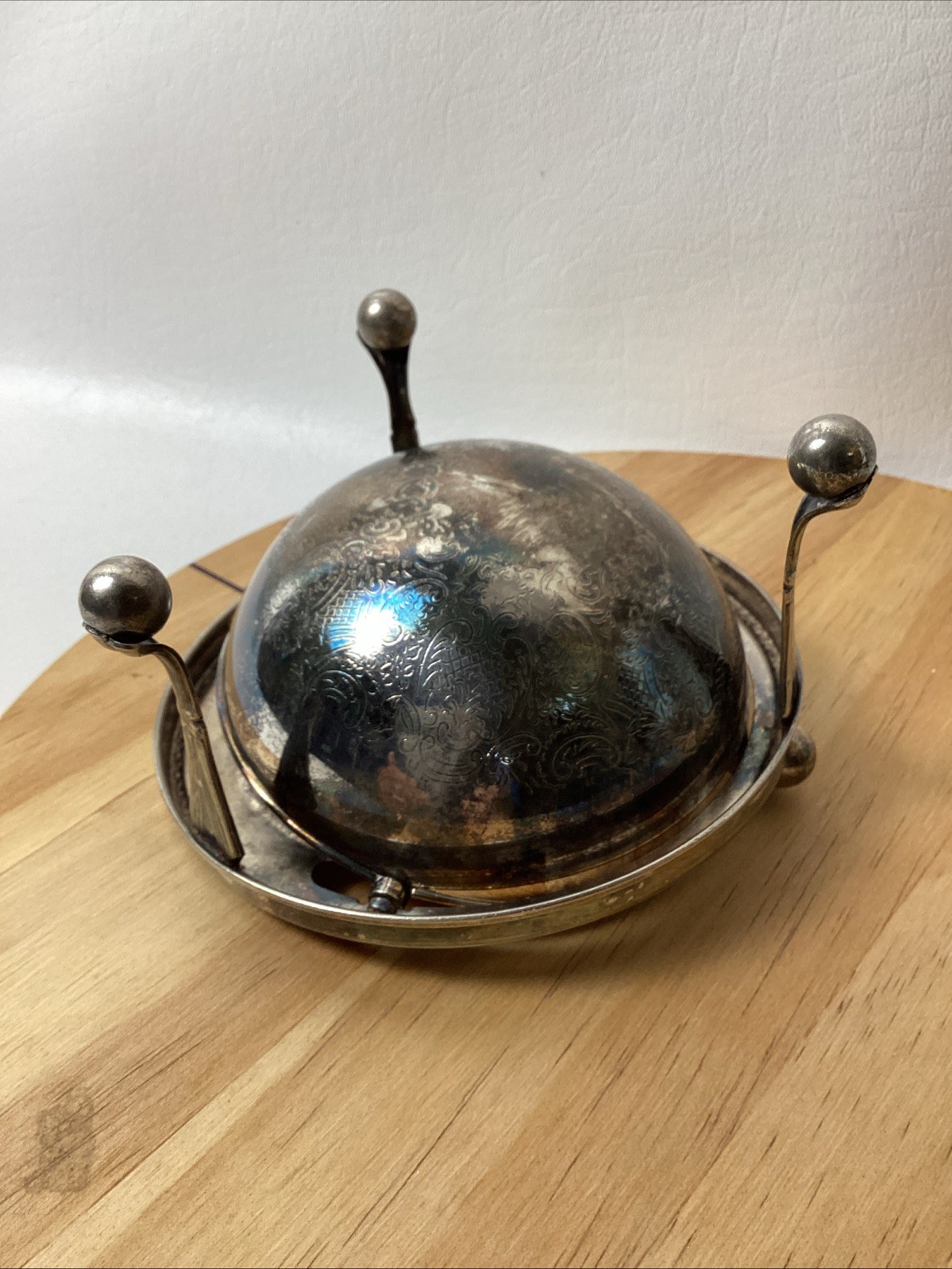 Vintage Silverplate Butter Caviar Server Swivel Dome Top  Filigree Legs England