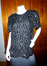 VTG 80s Black Silver SEQUIN Silk Disco Glam Evening Party Formal TOP Blouse L