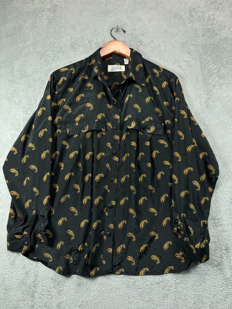 VTG Josephine Satin Button Up Shirt Top Womens Large Black