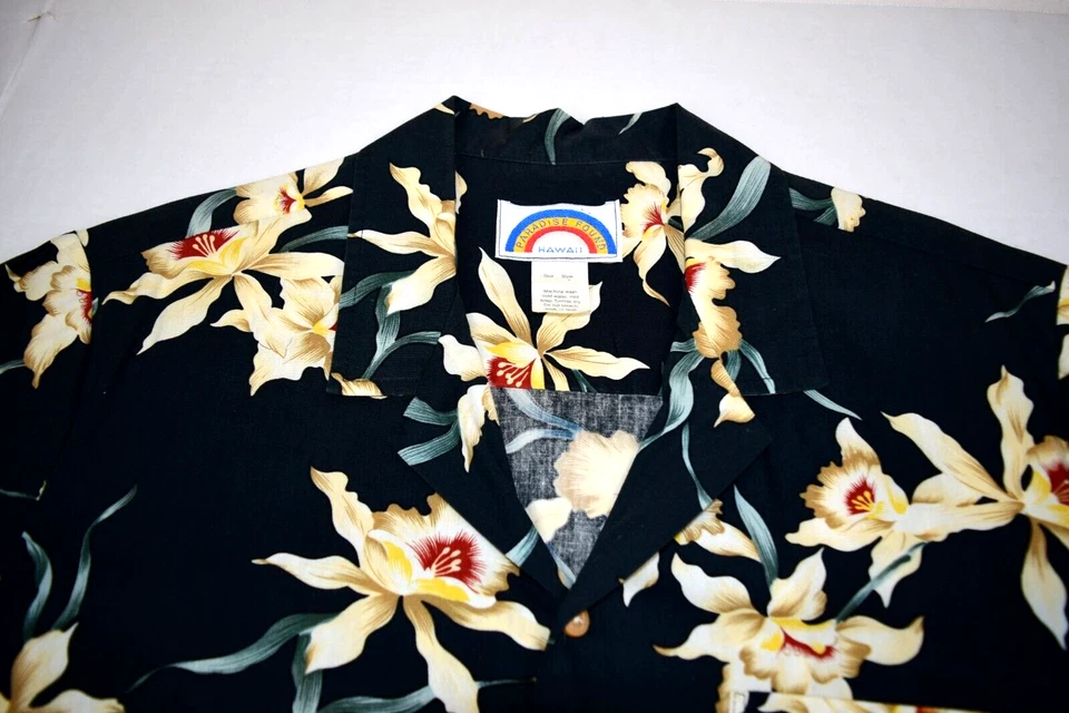 Camisa Hawaiana De Colección Paraíso Encontrada Talla M Años 80 Negra Estrella Orquídea Magnum PI c.1983-88 Foto 2 de 4