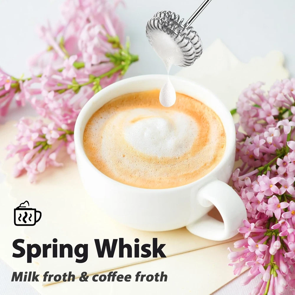 Milk Frother with Stand Rechargeable-Handheld Frother Wand with 3 Stainless Whis