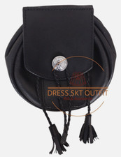 Scottish Real Black Leather Rob Roy Style KILT SPORRAN Chain Straps