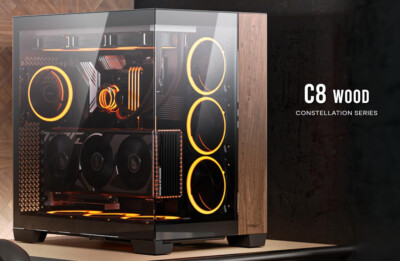 Antec C8 Wood E-ATX, ATX, Seamless Edge View Front and Side, USB-C Black Case.
