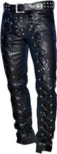 Real Men's Cowhide Leather Pants Side Laced Up Bikers Jeans Pants