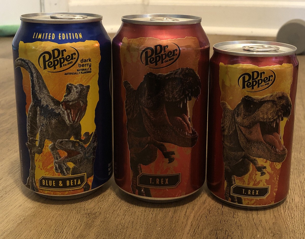 jurassic world dominion Dr pepper soda cans Regular, Mini, And