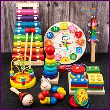 9 in 1 Wooden Montessori Toys Rattle Bell Drum Column Set Musical Instruments