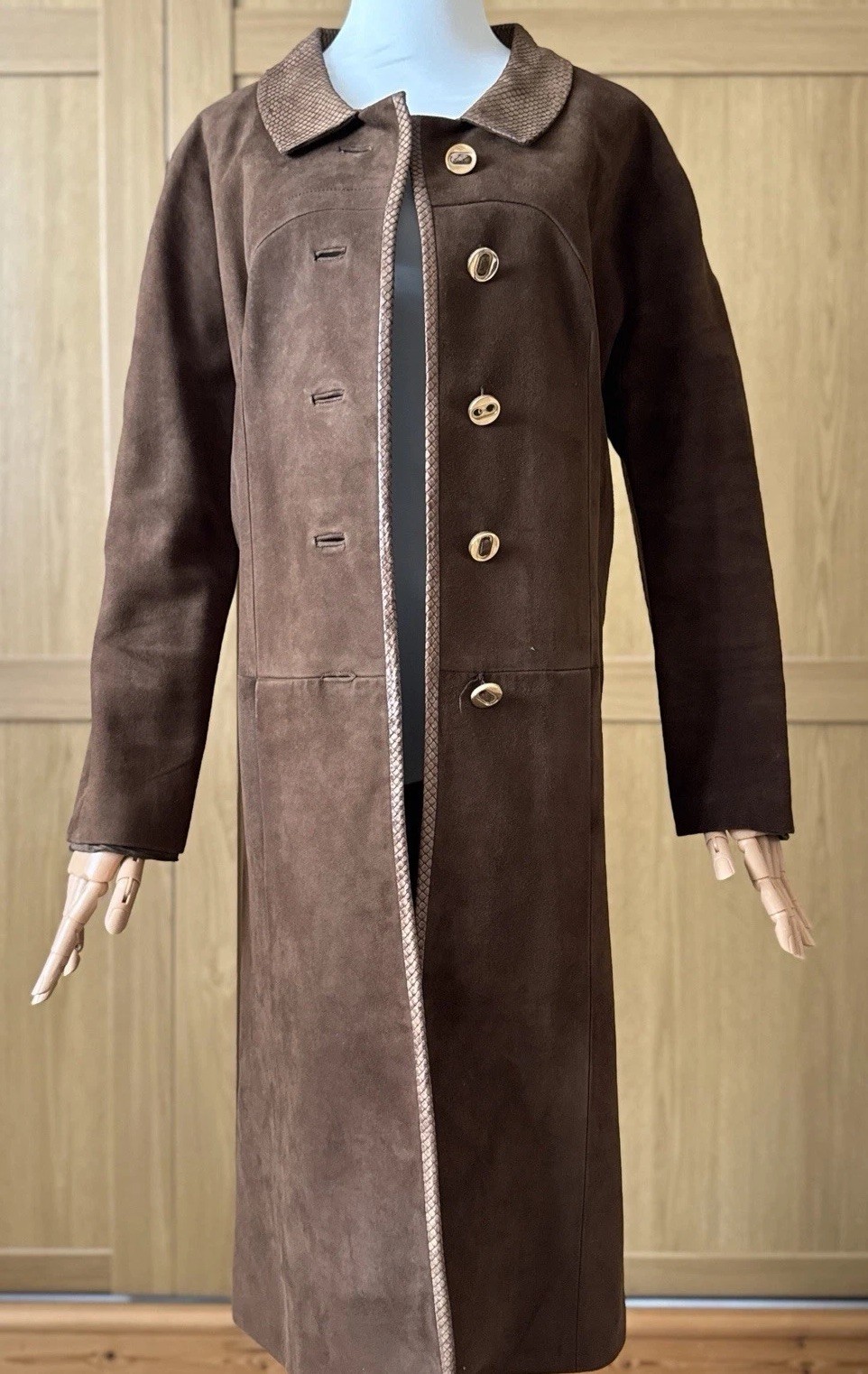 LOEWE Vintage 70s Brown Suede Coat w/ Snake Skin Trim Spain Size 48 M/L