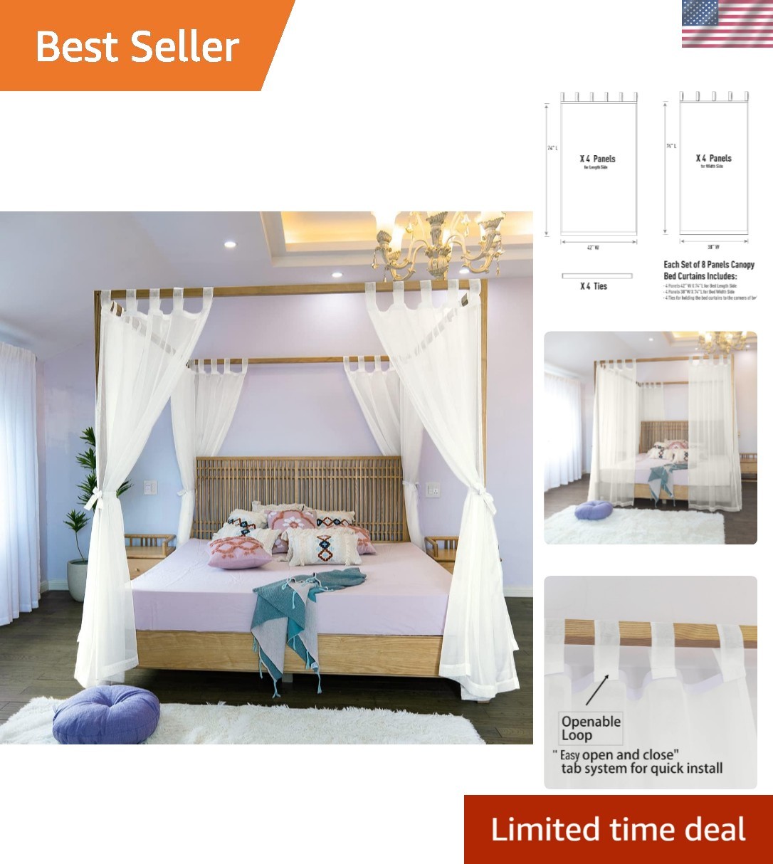 Bed Curtains For King, Queen, Full And Twin Bed, 4 Corner Bed Ca...