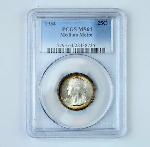 1934 Washington Quarter Medium Motto PCGS MS64 Silver 25c Coin Rainbow Toned Rim