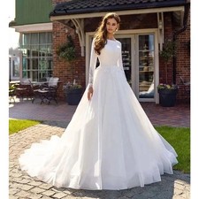 White Wedding Dresses A Line Long Sleeve Organza Tulle BridalGown Plus Size