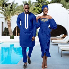 African Couple Clothes Men Long Shirt Pants Set Women Sheath Dress with Headwrap