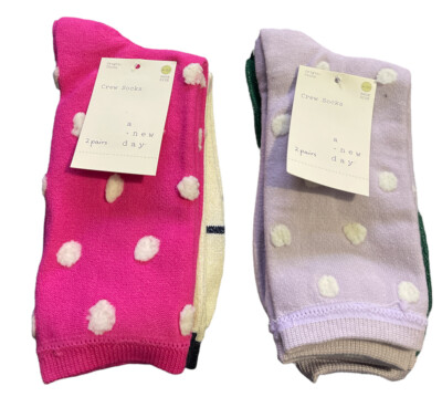 A New Day Womens 4 Pair  Purple Polka Dot Green Metallic Crew Socks Sz 4-10
